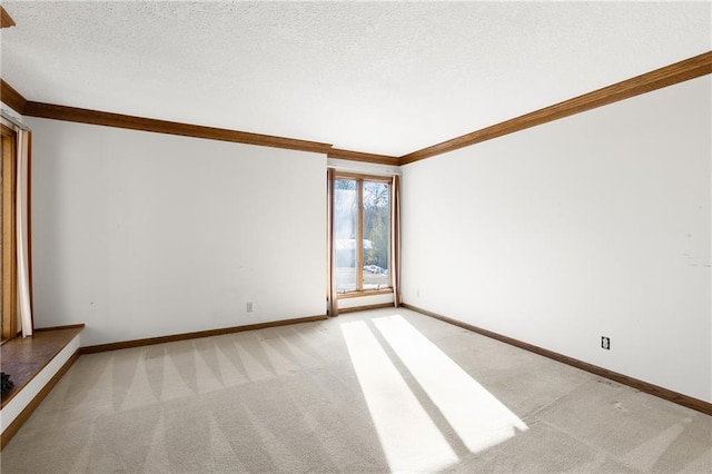 empty room featuring light carpet, crown molding, and a textured ceiling