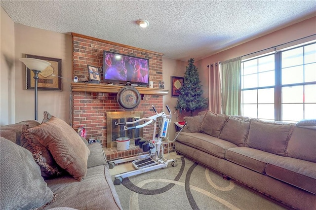 living room featuring a fireplace and a textured ceiling