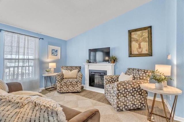 living room featuring lofted ceiling