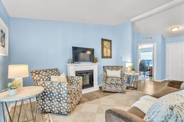 living room with vaulted ceiling and light hardwood / wood-style floors