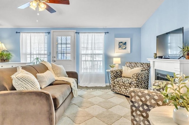 living room featuring ceiling fan