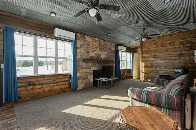 living room featuring ceiling fan, wood ceiling, wood walls, and an AC wall unit