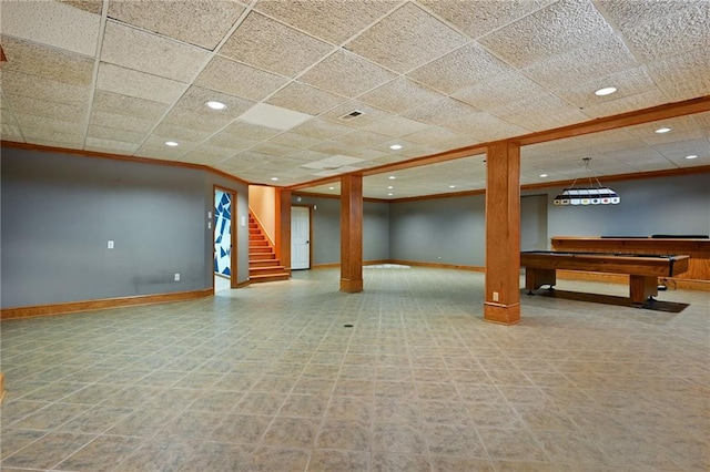 basement with billiards and a drop ceiling