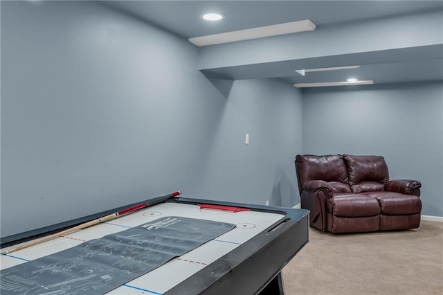 game room with light carpet