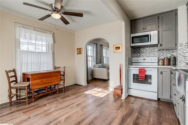 kitchen featuring hardwood / wood-style floors, white appliances, gray cabinets, and plenty of natural light