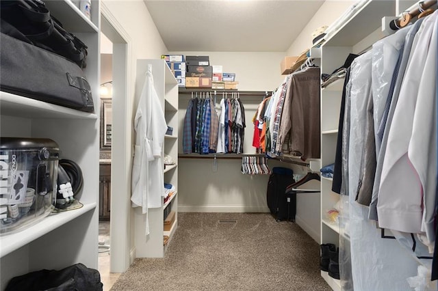 walk in closet with carpet floors