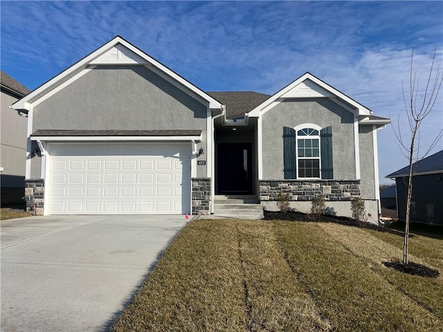 single story home with an attached garage, stone siding, concrete driveway, and stucco siding