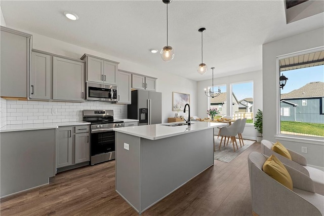 kitchen with gray cabinetry, a sink, light countertops, appliances with stainless steel finishes, and hanging light fixtures