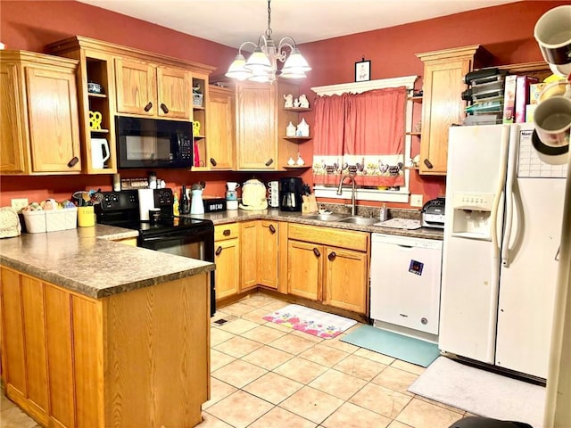 kitchen featuring open shelves, a sink, black appliances, dark countertops, and decorative light fixtures