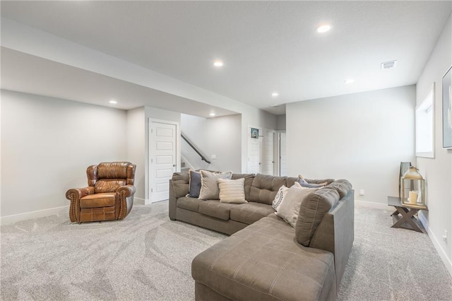 1116 SW Whispering Willow Way, Lees Summit, MO 64064 - living area featuring carpet floors, stairs, recessed lighting, and baseboards