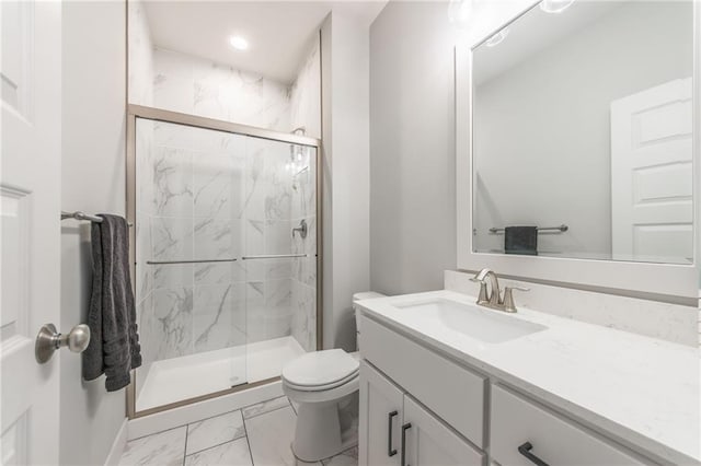 1116 SW Whispering Willow Way, Lees Summit, MO 64064 - bathroom featuring marble finish flooring, vanity, toilet, and a marble finish shower