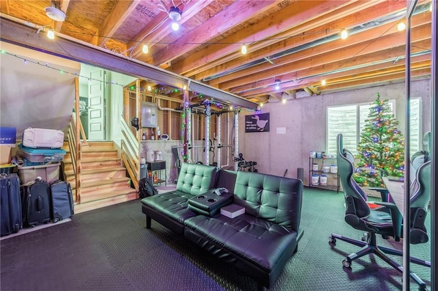 1116 SW Whispering Willow Way, Lees Summit, MO 64064 - below grade area featuring stairs, an office area, and carpet