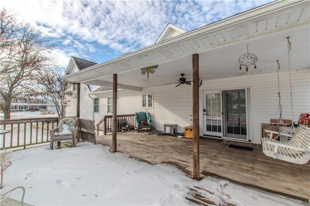 snow covered deck with ceiling fan