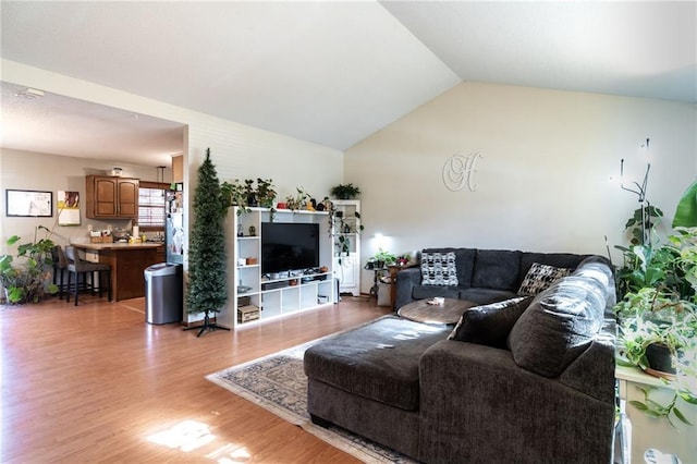 living room featuring vaulted ceiling and light hardwood / wood-style flooring