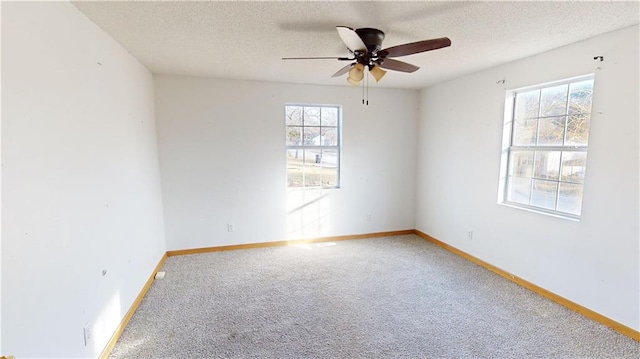 carpeted empty room featuring a textured ceiling, plenty of natural light, and ceiling fan