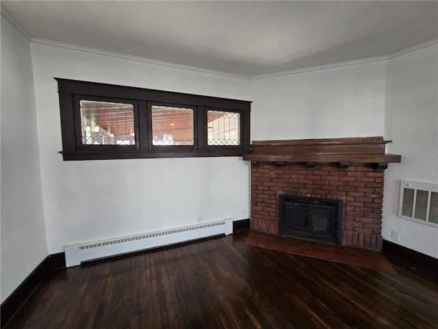 unfurnished living room with dark hardwood / wood-style flooring, a baseboard radiator, a brick fireplace, and crown molding