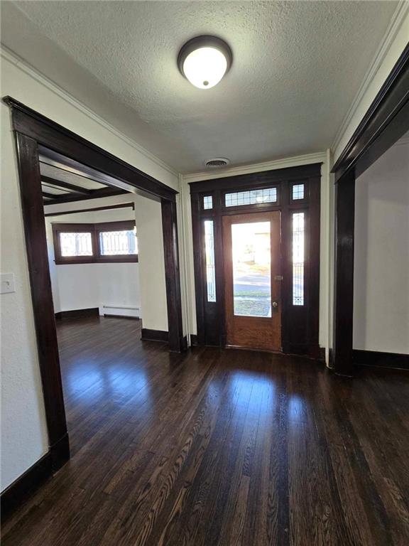 foyer with a textured ceiling, dark hardwood / wood-style flooring, ornamental molding, and a baseboard heating unit