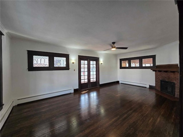 unfurnished living room with french doors, dark hardwood / wood-style flooring, ceiling fan, and a baseboard heating unit