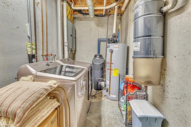 utility room with separate washer and dryer, electric panel, and water heater