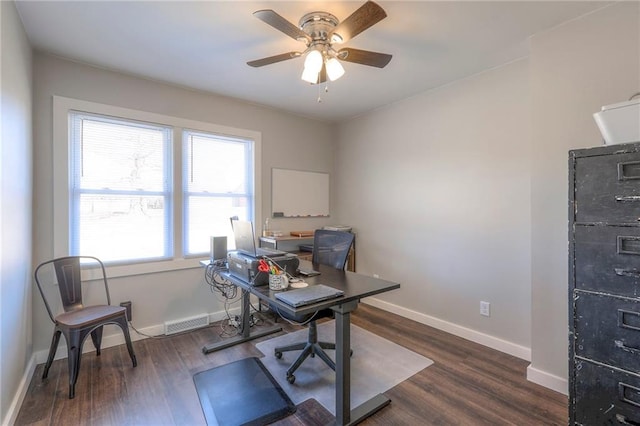 office space featuring dark hardwood / wood-style flooring and ceiling fan