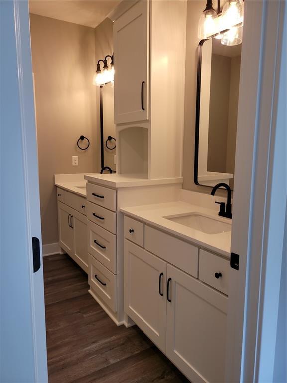 bathroom featuring vanity and wood-type flooring