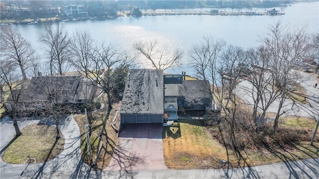 aerial view featuring a water view