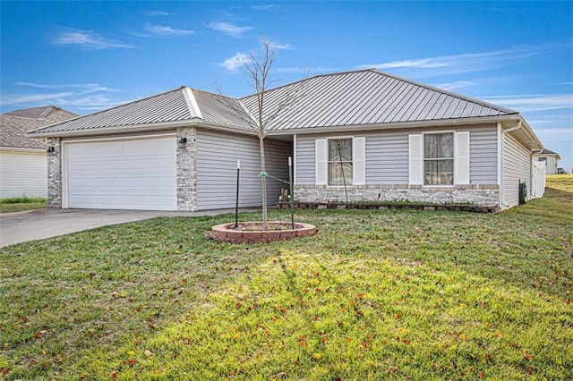 single story home featuring a front yard and a garage