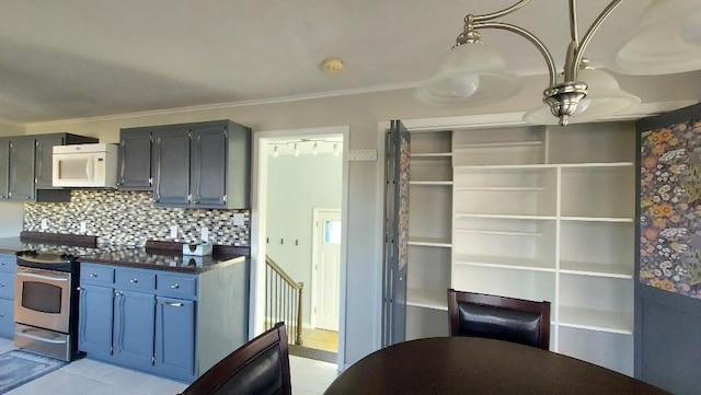 kitchen with tasteful backsplash, ceiling fan, crown molding, light tile patterned floors, and electric range