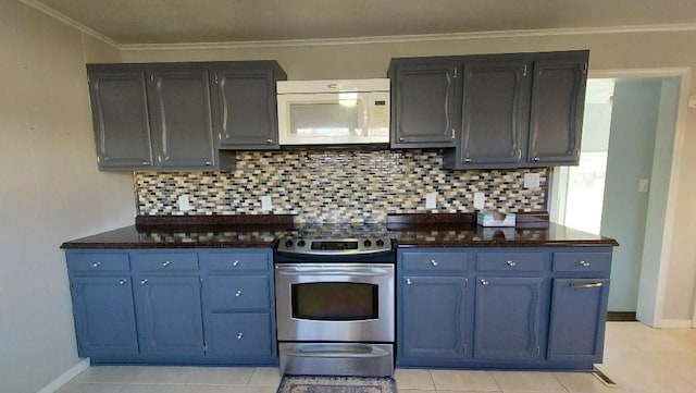 kitchen with decorative backsplash, stainless steel range with electric stovetop, crown molding, and light tile patterned flooring