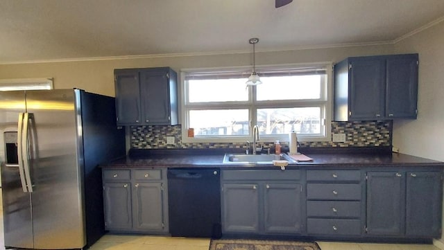 kitchen featuring stainless steel fridge with ice dispenser, black dishwasher, tasteful backsplash, and sink