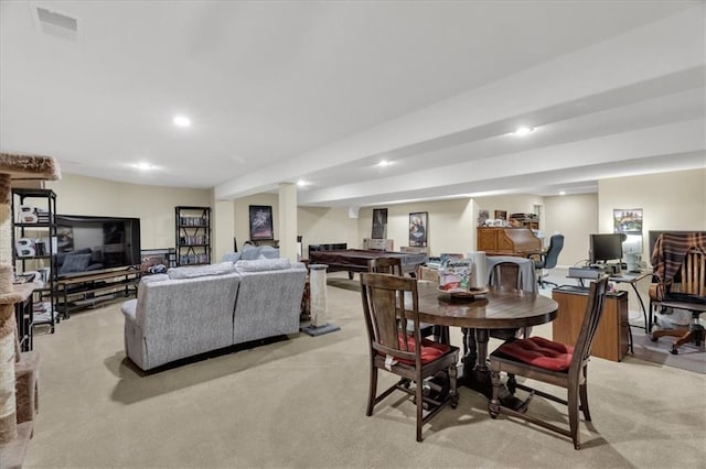 carpeted dining room featuring pool table