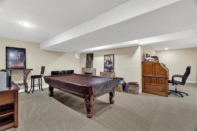 game room with light colored carpet and billiards