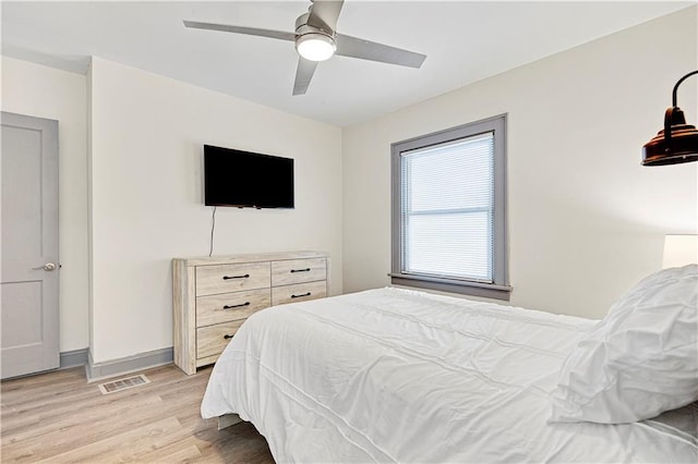 bedroom with ceiling fan and light hardwood / wood-style floors