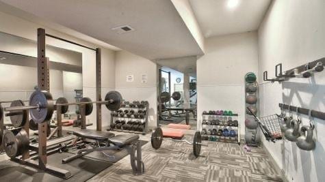 workout area featuring carpet