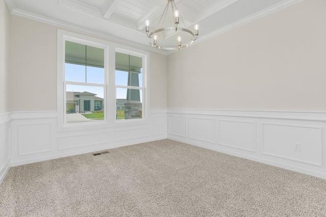 17165 W 164th Ter, Olathe, KS 66062 - carpeted empty room featuring a chandelier, wainscoting, crown molding, beam ceiling, and a decorative wall