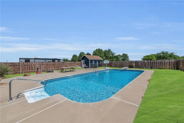 view of swimming pool with a diving board, a storage shed, a yard, and a patio