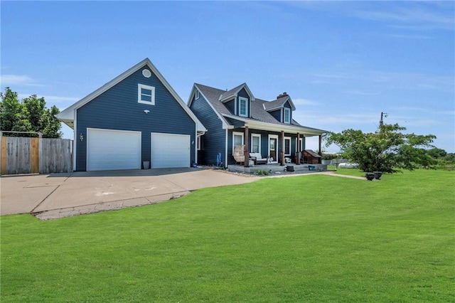 cape cod house featuring a porch, a garage, and a front lawn