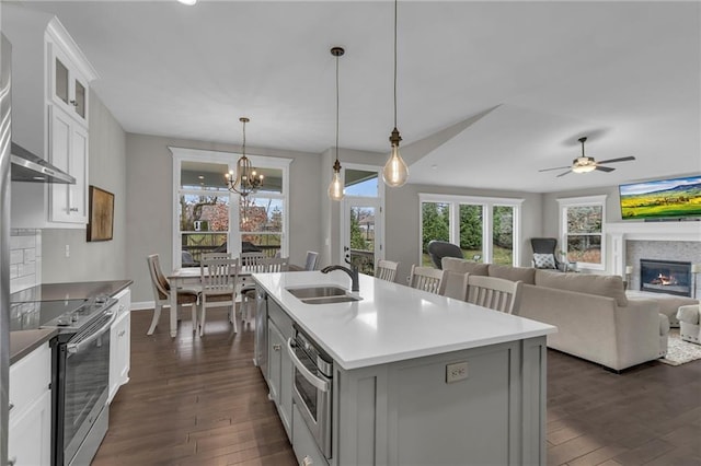 6975 W 162nd Ter, Overland Park, KS 66085 - kitchen with appliances with stainless steel finishes, dark wood-style flooring, plenty of natural light, and ceiling fan