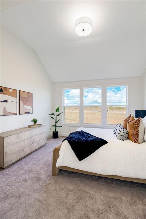 carpeted bedroom featuring vaulted ceiling