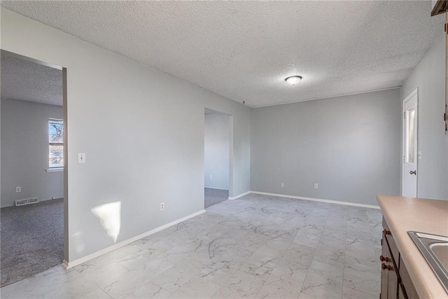 unfurnished room featuring sink and a textured ceiling