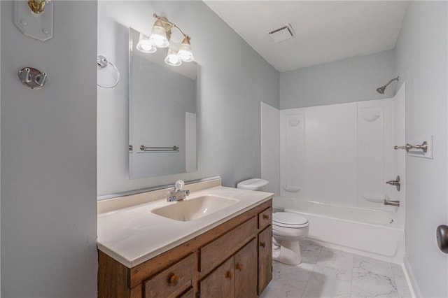 full bathroom featuring shower / tub combination, vanity, and toilet