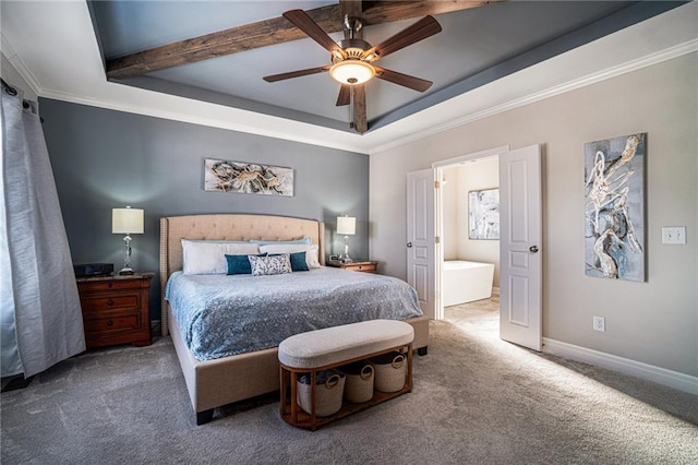 carpeted bedroom with ceiling fan, crown molding, and a tray ceiling