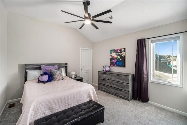 carpeted bedroom featuring ceiling fan and lofted ceiling