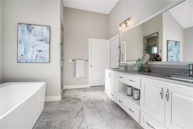 bathroom with shower with separate bathtub and vanity