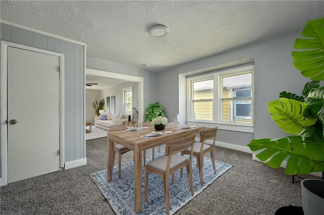 dining space with carpet floors and a textured ceiling