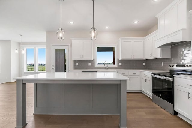 17157 W 164th Ter, Olathe, KS 66062 - kitchen with stainless steel electric stove, light countertops, plenty of natural light, a center island, and recessed lighting
