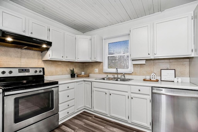 kitchen featuring white cabinets, sink, ornamental molding, and stainless steel appliances