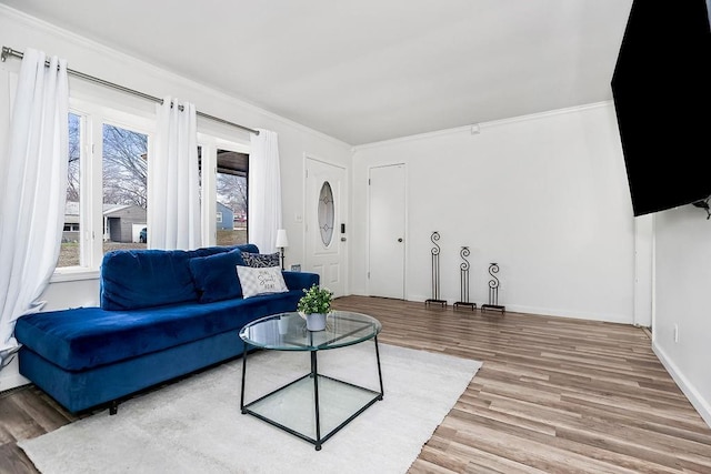 living room with wood-type flooring and ornamental molding