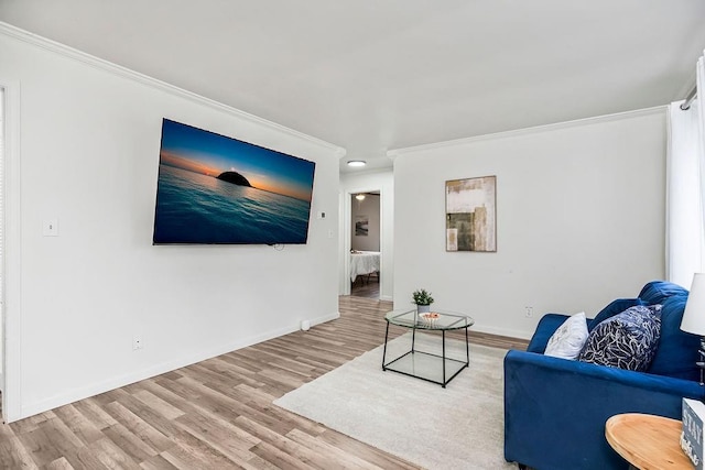 living room featuring light hardwood / wood-style floors and crown molding