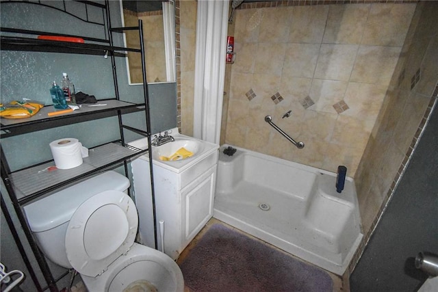 full bathroom with toilet, sink, and shower / tub combo with curtain